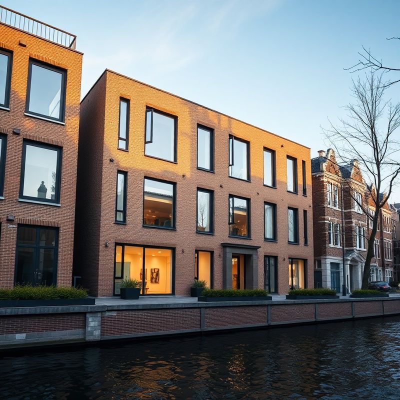 Modern Tilburgs kantoorgebouw met een verfijnde bakstenen gevel onder een azuurblauwe hemel