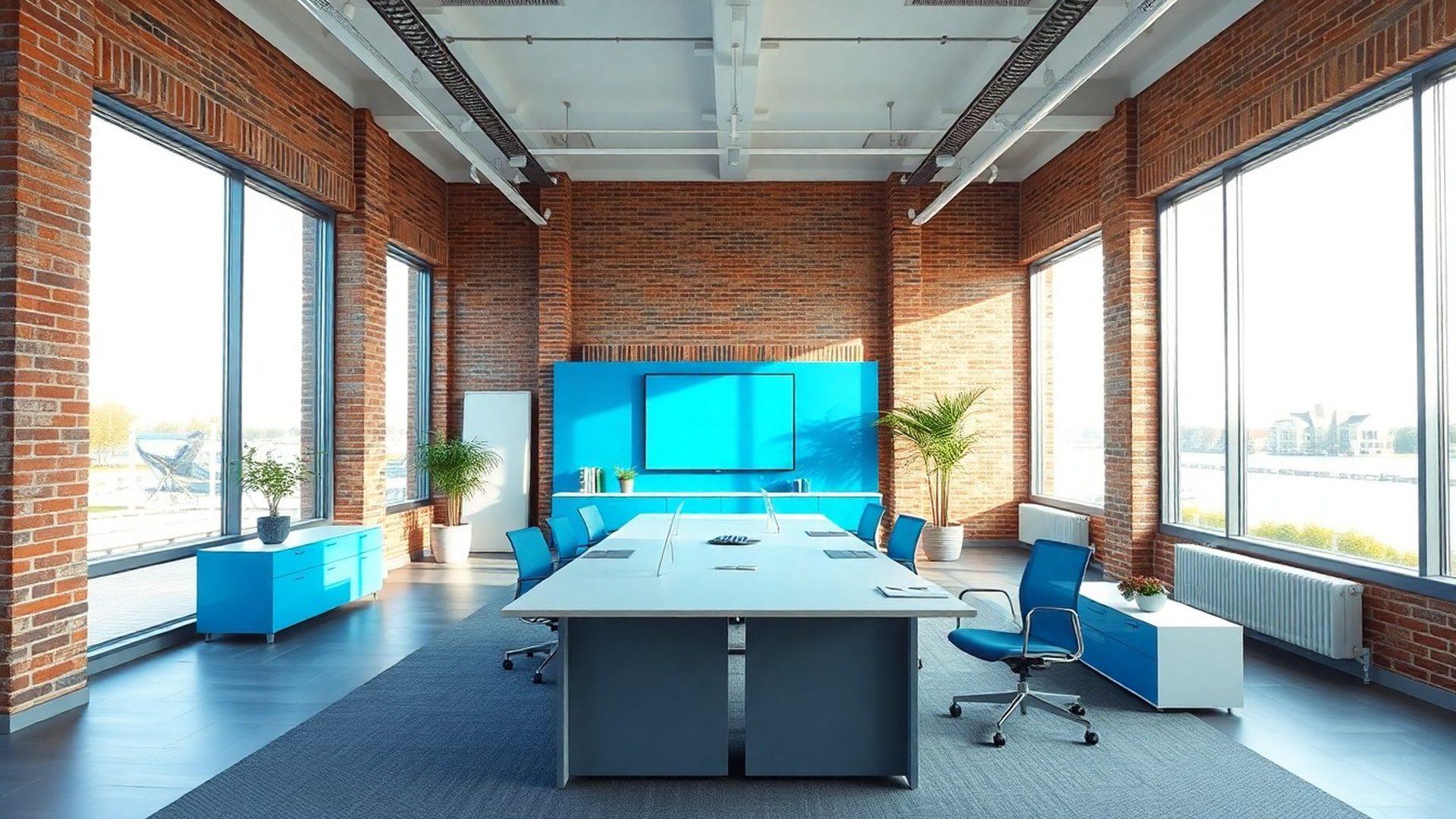 Modern Tilburgs kantoorinterieur met azuurblauwe accenten en zacht daglicht