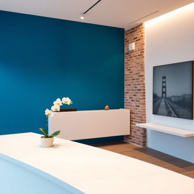 Minimalistische ontvangstruimte met een azuurblauwe accentwand en een orchidee op een marmeren balie